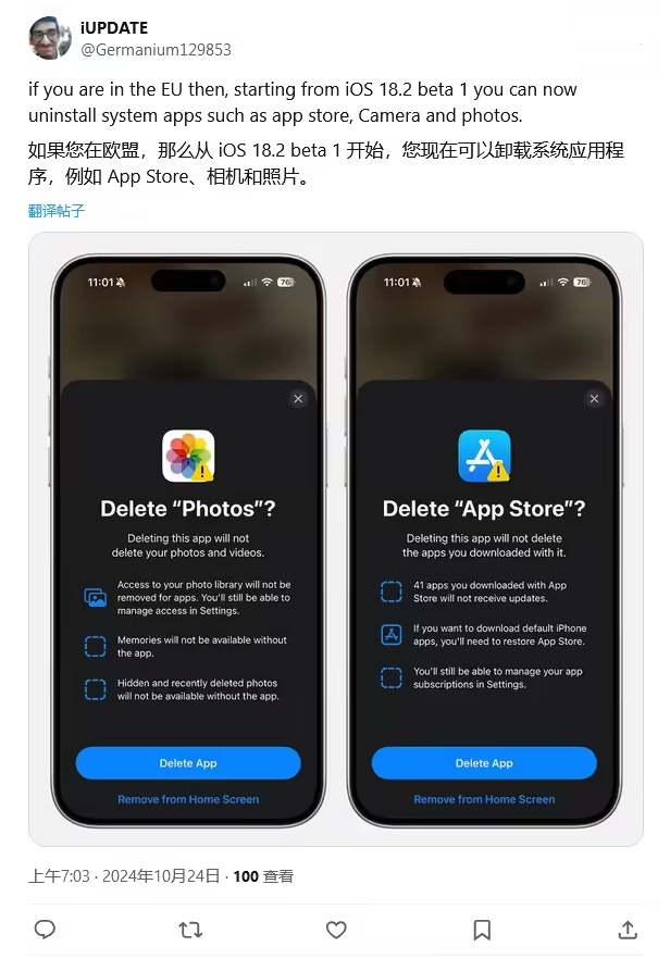 大安镇苹果手机维修分享iOS 18.2 支持删除 App Store 应用商店 
