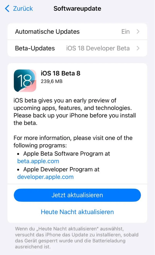 大安镇苹果手机维修分享苹果 iOS / iPadOS 18 开发者预览版 Beta 8 发布 